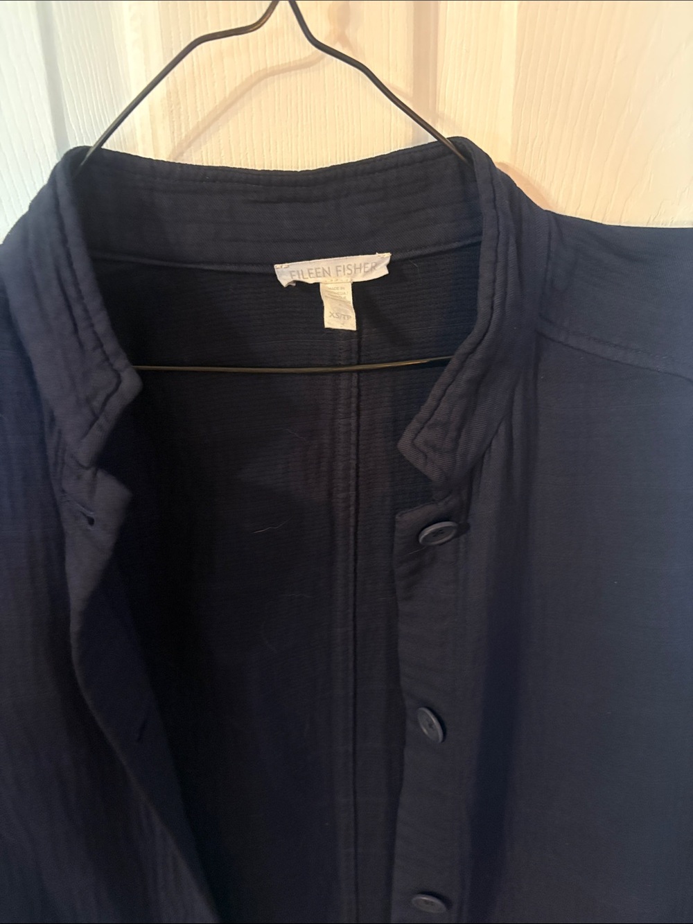 Eileen Fisher Navy Button-Front Textured 100% Organic Cotton Shirt Sz XS